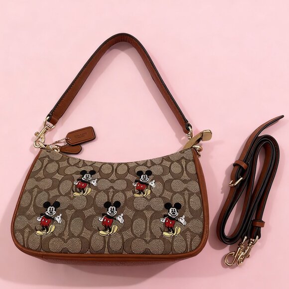 Coach Disney X Coach Teri Brown Mickey Mouse Print Shoulder Strap Tote - Picture 1 of 7